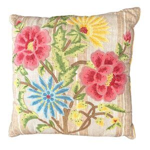 Pier 1 Floral Embroidered Floral Throw Pillow Square Beige Yellow Pink Blue 12"